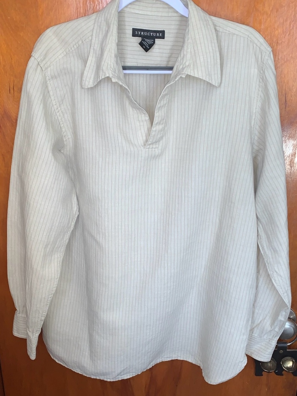 Structure Men's Large Linen Cotton Beige Vertical Stripes Button-Down Shirt